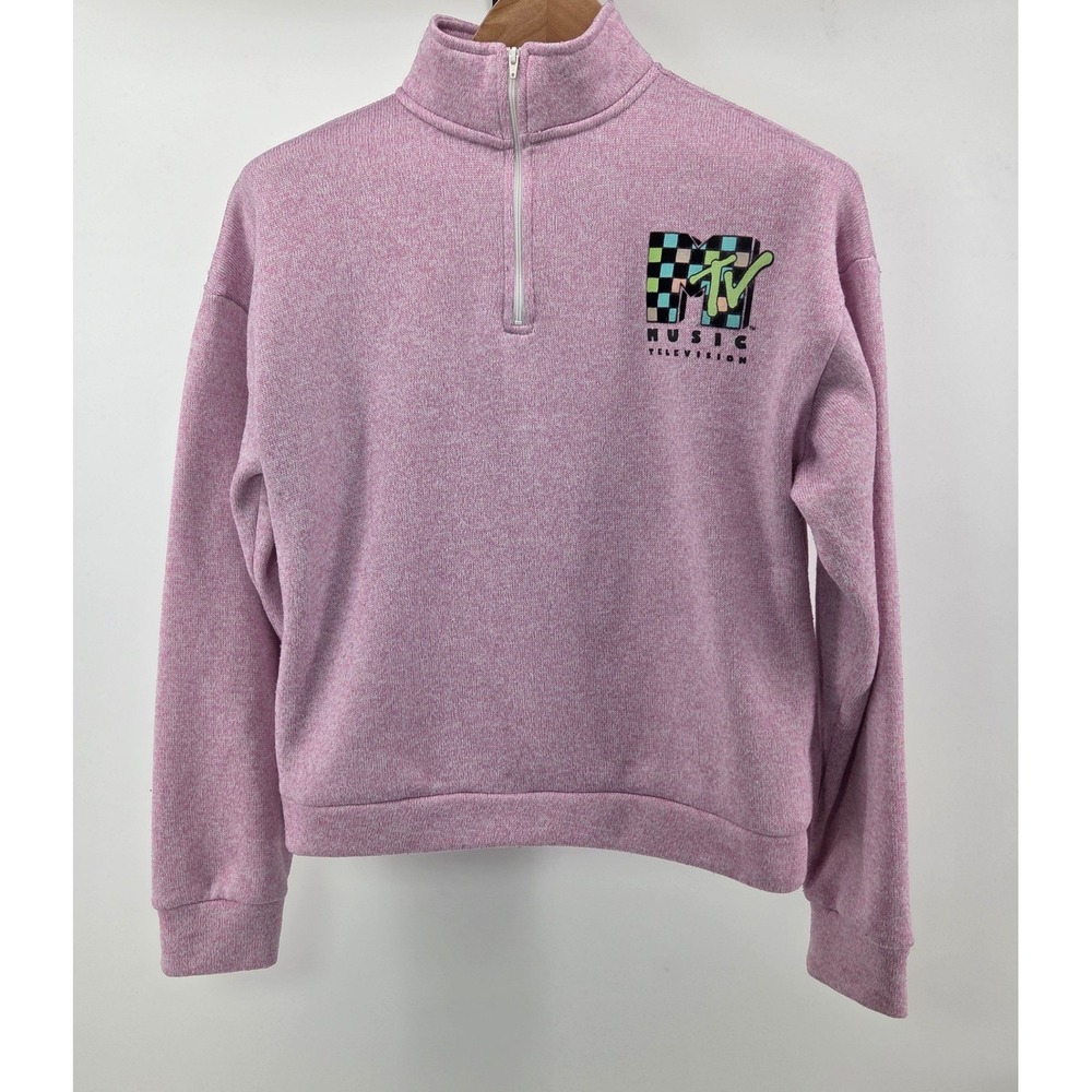 MTV Womens Medium Pink Quarter Zip Pullover‎ Mock Neck Logo 80s 90s Retro Y2K